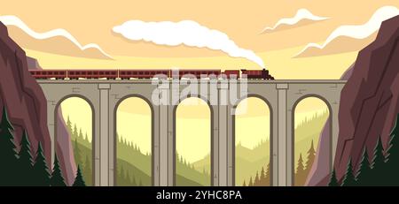Pont ferroviaire dans les montagnes. Structure en pierre voûtée pour le transport de passagers et de marchandises, le train traverse le pont, le paysage de voyage avec des falaises rocheuses c Illustration de Vecteur