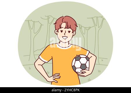 Un petit garçon avec un ballon de football aime les loisirs de plein air et avec le sourire regarde l'écran. École primaire pour garçons, rêve de devenir joueur professionnel de football et entraînement dans le parc pour jouer au football Illustration de Vecteur