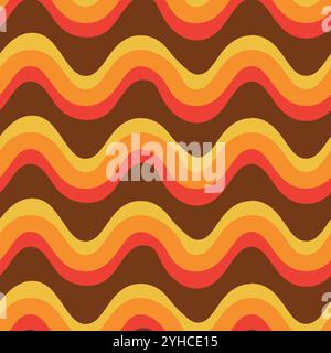 Abstrait rétro des années 70 groovy Waves motif sans couture en jaune, orange et rouge sur fond marron. Pour les arrière-plans rétro, la décoration intérieure et les affiches Illustration de Vecteur