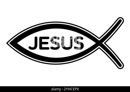 Signe du symbole du poisson avec le nom Jésus en lettres majuscules écrit à l'intérieur. Symbole du christianisme primitif composé de deux arcs qui se croisent. Banque D'Images