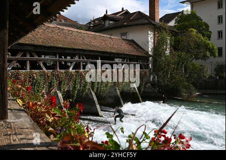 Surfer an der historischen Mühleschleuse, Thun, Schweiz *** surfer à l'écluse historique du moulin, Thun, Suisse Banque D'Images