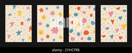 Ensemble de motifs tendance naïfs dessinés à la main abstraits Y2K. Vector organique colorée doodle forme des arrière-plans, des motifs dans le style rétro groovy des années 70 Illustration de Vecteur