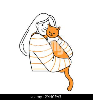 Femme souriante embrassant mignon icône linéaire de couleur rouge chat. Propriétaire d'animal domestique femelle blonde avec personnage d'animal domestique doodle illustration simple Illustration de Vecteur