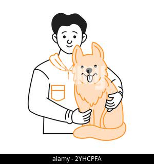 Jeune homme embrasse tendrement l'icône linéaire de couleur de chien gingembre mignon. Propriétaire joyeux d'animal de compagnie mâle avec animal domestique adoré griodle illustration simple Illustration de Vecteur