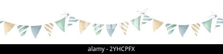Guirlande festive avec drapeaux triangulaires pour la décoration dans les couleurs vert, bleu, beige. Bordure sans couture isolée d'aquarelle dessinée à la main pour cartes de voeux, emballages festifs, textiles, bannières et dessins. Banque D'Images