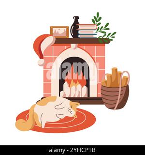 Chat dormant sur un tapis près de la cheminée avec des décorations de Noël festives objet vectoriel plat de couleur. Illustration de cadre joyeux à la maison sur fond blanc Illustration de Vecteur