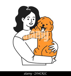 Joyeuse brune jeune femme embrasse chow-chow chien couleur linéaire icône. Lady apprécie le moment tendre d'affection avec animal familier bien-aimé doodle illustration simple Illustration de Vecteur