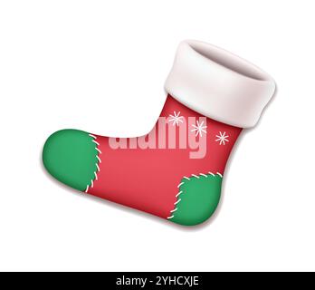 Bas de Noël avec flocon de neige et fourrure illustration vectorielle réaliste. Prêt pour Santa Gifts vintage chaussette objet 3d sur fond blanc Illustration de Vecteur