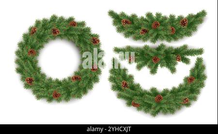 Couronne et guirlandes de branches de sapin icônes vectorielles réalistes définies. Ornements artisanaux de Noël de matériaux naturels 3d objets illustrations sur blanc Illustration de Vecteur