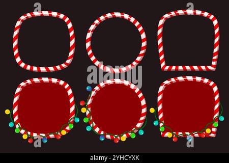 Collection de cadres de canne de bonbons. Bordure de Noël avec rayures serties avec guirlande Illustration de Vecteur