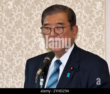 Tokyo, Japon. 11 novembre 2024. Shigeru Ishiba prend la parole lors de la réunion plénière conjointe des membres de son parti des deux chambres de la Diète à Tokyo, au Japon, le lundi 11 novembre 2024. Photo de Keizo Mori/UPI crédit : UPI/Alamy Live News Banque D'Images