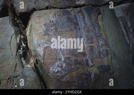 Pétroglyphes gravés dans des surfaces rocheuses dans les montagnes de l'Altaï, représentant des symboles et des figures anciens sculptés dans la pierre accidentée. Banque D'Images
