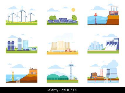 Sources d'énergie renouvelables. Énergie alternative durable. Production d'électricité. Éolienne et panneau solaire. Centrale nucléaire. Moi écologique et naturel Illustration de Vecteur