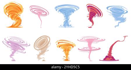 Tornades colorées. Effets de vents tordus. Air de tourbillon de tempête. Torsade naturelle dangereuse. Phénomène climatique. Vortex de dessins animés et typhons spiraux. Vitesse t Illustration de Vecteur