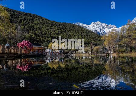 (241111) -- LIJIANG, 11 novembre 2024 (Xinhua) -- les touristes visitent la vallée de Lanyue (Lune bleue) à Lijiang, dans la province du Yunnan du sud-ouest de la Chine, 9 novembre 2024. Dans le but de construire une ville touristique de renommée mondiale, Lijiang a amélioré le service dans ses sites pittoresques tels que la ville antique de Lijiang et la montagne enneigée de Yulong, dans un effort pour promouvoir le développement de haute qualité de son marché du tourisme culturel. Selon les statistiques, la ville a reçu 68,663 millions de touristes au cours des trois premiers trimestres de 2024, une augmentation de 20,71 pour cent en glissement annuel. (Xinhua/Hu Chao) Banque D'Images