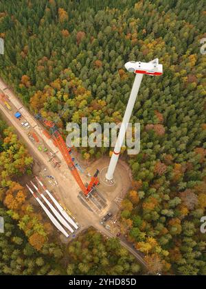 Une grue soulève des composants pour une éolienne dans une forêt colorée, chantier de construction de parcs éoliens, Groembach, Forêt Noire, Allemagne, Europe Banque D'Images