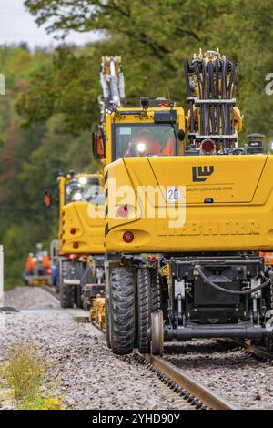 Machines de construction jaunes travaillant sur une ligne de chemin de fer dans une zone boisée, construction de voies ferrées Hermann Hesse Bahn, district de Calw, Forêt Noire, Allemagne, Banque D'Images