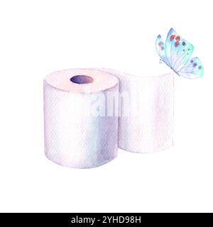 Rouleau de papier toilette aquarelle et papillon isolé sur fond blanc. Aquarelle illustration dessinée à la main. Symbole, signe de propreté et d'hygiène. Banque D'Images