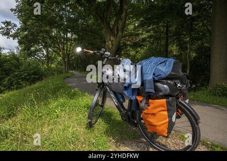 Un vélo chargé avec des sacs de couleur orange se dresse sur un chemin forestier, entouré d'une végétation luxuriante, pédalant le long des EMS Banque D'Images