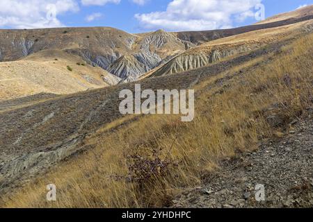 Ravins argileux avec des traces d'érosion du sol et d'altération au pied du cap Meganom. Crimée, une journée ensoleillée en septembre Banque D'Images