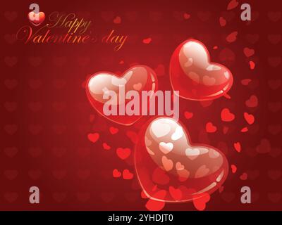 Fond rouge avec trois coeurs et les mots bonne Saint Valentin. Les coeurs flottent dans les airs et le fond est rouge Illustration de Vecteur
