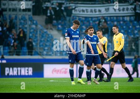 Andrin Hunziker (Karlsruher SC, #09), Robin Heußer (Karlsruher SC, #05) ist enttaeuscht ueber das Unentschieden, GER, Karlsruher SC (KSC) vs SC Preußen Muenster (SCP), Fussball 2. Bundesliga, 12 ans. Spieltag, saison 2024/2025, 10.11.2024 la réglementation DFB/DFL interdit toute utilisation de photographies comme séquences d'images et/ou quasi-vidéo Foto : Eibner-Pressefoto/Michael Memmler Banque D'Images
