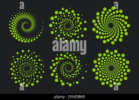 Collection abstraite de formes géométriques en spirale pointillée. Illusion optique demi-teinte verte sur fond noir, élément de conception esthétique op art. Vecteur plat Illustration de Vecteur