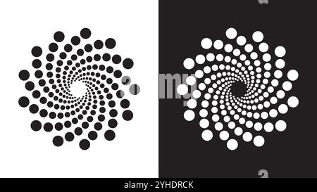 Collection abstraite de formes géométriques en spirale pointillée. Illusion d'optique demi-teinte noir et blanc, élément de design op art esthétique. Art vectoriel plat Illustration de Vecteur