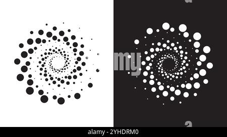 Collection abstraite de formes géométriques en spirale pointillée. Illusion d'optique demi-teinte noir et blanc, élément de design op art esthétique. Art vectoriel plat Illustration de Vecteur