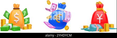 Icône de sac d'argent. Dollar, yen et euro signe avec argent comptant, pièce d'or et billet de banque vert, billet en illustration plate pour la banque et le prêt. Conception simple à sav Illustration de Vecteur