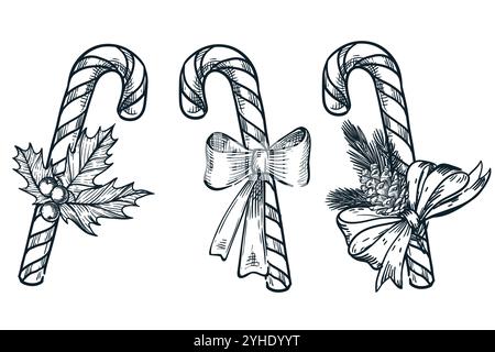 Bonbons de bâton rayé de Noël avec ruban d'arc isolé sur fond blanc. Illustration vectorielle d'esquisse dessinée à la main. Décoration xmax de vacances, cadeau doux Illustration de Vecteur