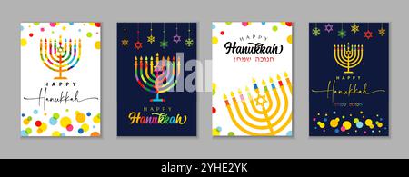 Affiches Happy Hanukkah avec menorah colorée et typographie. Fond de concept de vecteur Hanukkah avec des articles traditionnels pour les flyers, les bannières, magazin Illustration de Vecteur