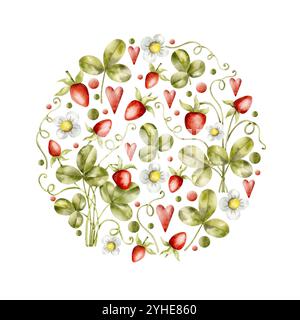 Illustration ronde à l'aquarelle dessinée à la main avec des arbustes de fraises brillants. Illustration de baies de dessin animé, dans le style des enfants Illustration de Vecteur