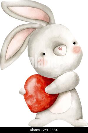 Dessin à la main, illustration aquarelle avec lapin mignon avec de grosses fraises dans ses pattes. Illustration de baies de dessin animé, dans le style des enfants Illustration de Vecteur