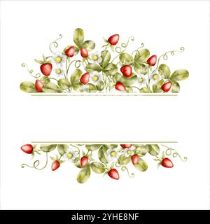 Cadre aquarelle dessiné à la main avec des arbustes à fraises. Illustration de baies de dessin animé, dans le style des enfants Illustration de Vecteur