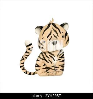 Safari aquarelle illustration dessinée à la main avec bébé tigre pour les enfants Illustration de Vecteur