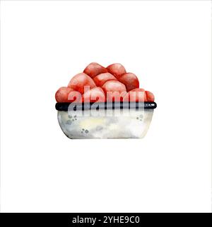 Illustration à l'aquarelle dessinée à la main avec plaque blanche émaillée avec des fraises. Illustration de baies de dessin animé, dans le style des enfants Illustration de Vecteur