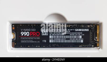 Lviv, Ukraine - 30 octobre 2024 : Samsung SSD 990 PRO PCle 4,0 NVMe M.2 sur fond blanc Banque D'Images