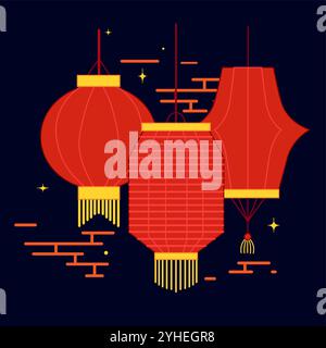 Lanternes colorées vectorielles du festival de mi-automne. Lanternes rouges de Chine à la composition de bande dessinée vectorielle de nuit. Composition moderne plate de papier coloré lan Illustration de Vecteur