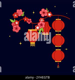 Bonne conception du nouvel an avec des lanternes suspendues sur le style de dessin animé de branche de sakura, bienvenue bonheur avec le printemps sur la composition vectorielle inférieure gauche Illustration de Vecteur