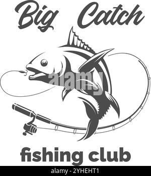 Emblème monochrome de club de pêche. Sauter le poisson et la canne avec crochet lâche ficelle d'appât isolé illustration vectorielle Illustration de Vecteur