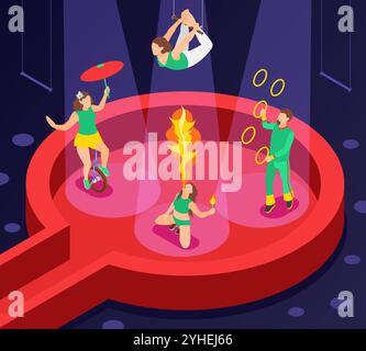 Artistes de cirque isométriques sur scène. Gymnaste aérienne de cascadeur jongleur sur l'arène de théâtre. Animations pour enfants et adultes. Acteurs vecteur sans faille Illustration de Vecteur