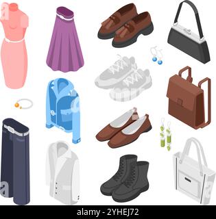 Vêtements et chaussures isométriques. Robe veste chaussures bottes sacs. Vêtements de mode féminins, pantalons masculins, baskets et bijoux. Articles de magasin élégants, impeccables Illustration de Vecteur