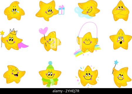 Dessins animés drôles d'étoiles. Jolie étoile jaune diverses poses et émotions. Mascottes d'enfants, personnages kawaii Smile Cry surpris, ensemble vectoriel de nos jours Illustration de Vecteur