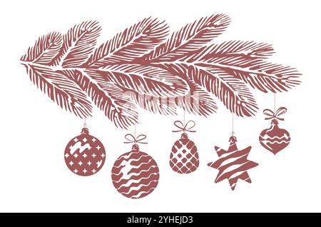 Décorations festives suspendues sur la branche de l'arbre de Noël. Vecteur de dessin d'esquisse dessiné à la main Illustration de Vecteur