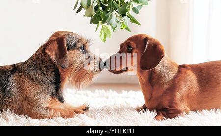 Deux petits chiens saucisses Teckel mignons sous le gui partageant un doux moment, embrasser au nez sur une couverture moelleuse blanche, dans une pièce moderne, Seasona Banque D'Images