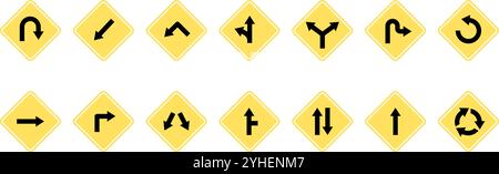 Panneaux indicateurs jaunes. Symboles d'avertissement d'autoroute, navigation et direction pour la rue ou le sentier. Pointeurs de virage droit à gauche, vecteur récent Illustration de Vecteur