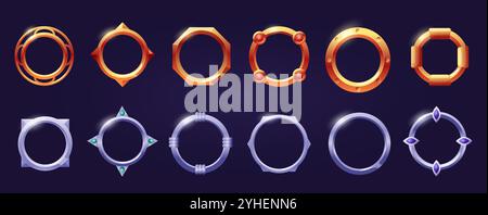 Cadres d'avatar de jeu. Cadre en métal circulaire avec effets de brillance. Symboles d'actifs de jeu, icônes d'interface d'application mobile. Encadrement en argent doré de nos jours ensemble de vecteur Illustration de Vecteur