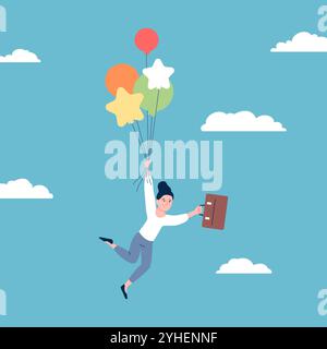 Femme d'affaires monte sur ballon. Personnages de bureau féminins volant avec une valise, planant dans les nuages. Rêver, développement personnel, vecteur de succès Illustration de Vecteur