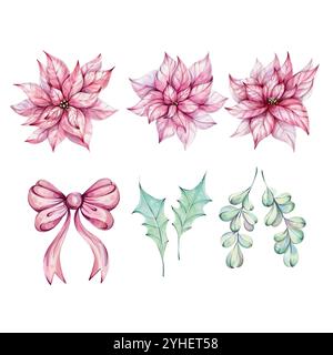 Clip art de Noël - aquarelle fleurs poinsettia rouge avec feuilles de houx et arc. Illustration dessinée à la main pour la conception, l'impression, les cartes de voeux Banque D'Images